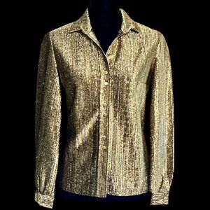 Vintage Gold Metallic Button Front L/S Blouse - Size S